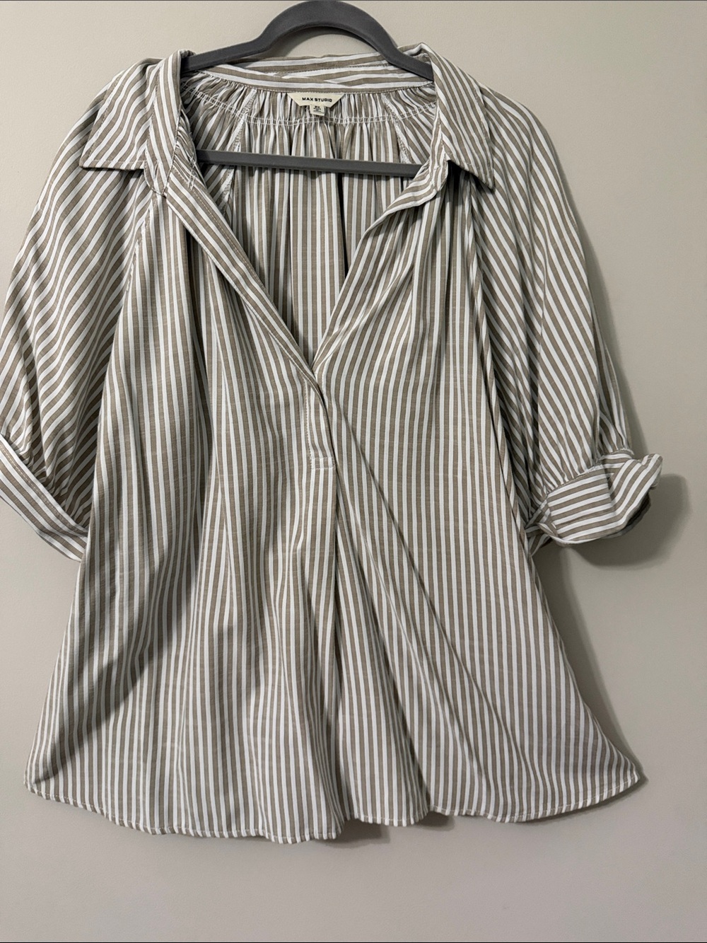 Madewell Tan  and White Striped Collared Blouse
